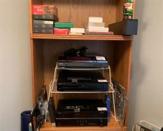 Vintage and current stereo equipment and 2 drawer book shelf/storage cabinet 