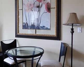 IRON TABLE GLASS TOP AND 2 CHAIRS - FLOOR LAMP - LARGE WALL ART