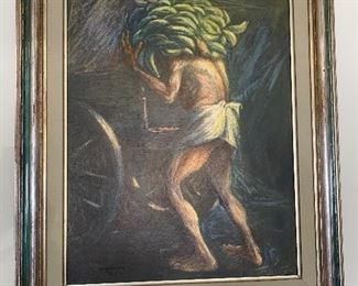Signed painting Herrera 1958.  Hombre con platanos.  $150