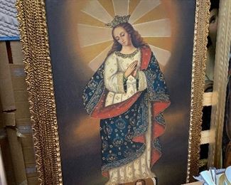 Religious painting of woman with angels.  Very ornate frame. Dimensions:  41" x 57".  $950