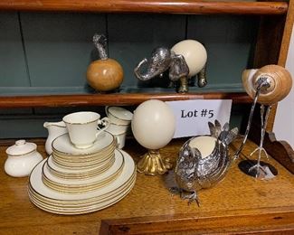 Lot #5 Assorted china, ostrich eggs and shell $250