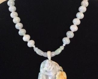 MLC013 Lavender Green Yellow Jade Pendant & Fluted Lavender Beads Necklace
