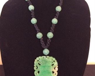 MLC021 Antique Green Jade Pendant & Carved Jade Beads Necklace
