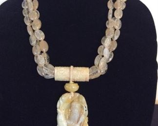 MLC022 Honey Yellow Jade Pendant & 3 Strand Quartz Beads Necklace