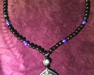 MLC040 Antique Enamel Pendant on Onyx Beads Necklace