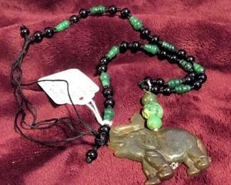 MLC046 Antique Jade Elephant Pendant Necklace