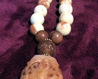 MLC089 Beige Jade Pendant on African Turquoise Beaded Necklace