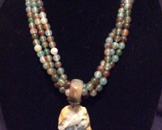 MLC113 Tri-Colored Jade Pendant on Three Strand Necklace