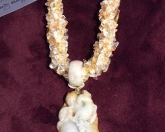 MLC166 Carved Jade Pendant on Agate Chips Necklace