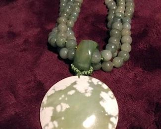 MLC176 Antique Jade Celadon Pendant on Three Strand Necklace