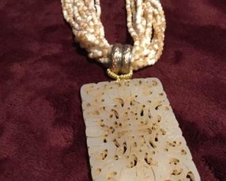 MLC180 Antique Jade Pendant on 12 Strand Crystal Necklace