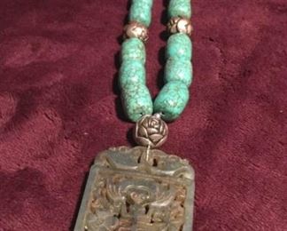 MLC181 Antique Jade Pendant Beaded Necklace