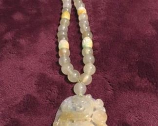 MLC189 Carved Jade Dragon Pendant on Beaded Necklace