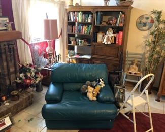 Teal leather chair and ottoman. Vintage Italian gilt & marble end table. Solid wood bookcase with drop down desk or bar. Antique wooden candle sticks. 