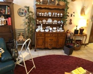 Vintage 2 piece solid cherry French Provincial Hutch. Extensive Milk Glass Collection with many pieces of Westmoreland. 