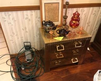 Stunning vintage brass Campaign Style Chest. Art glass, teapots and more...