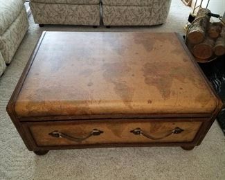 World Map Suitcase Coffee Table with one drawer and leather handles. 38" x 27" x 17" $60. (50% = $30!)