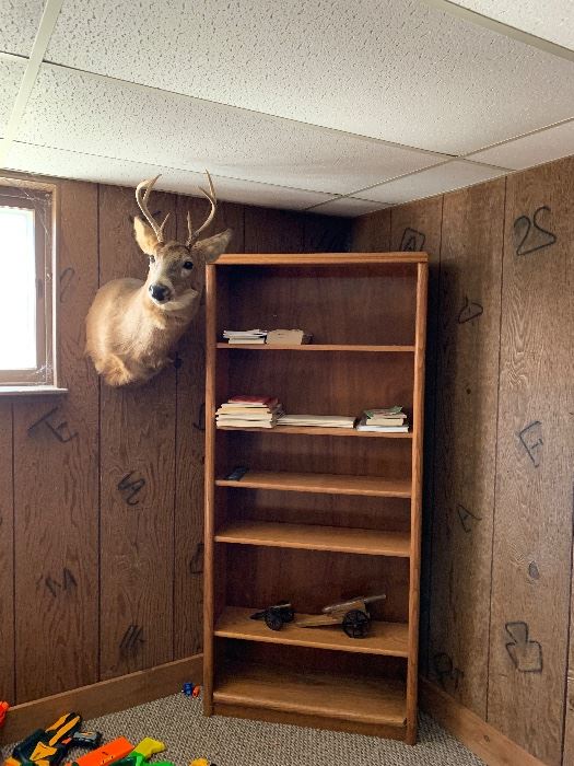 Oak Bookshelf, Many Deer Mounts. 