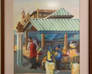 Joanne Warren "17th Street Marketplace", water color on paper, 1998, purchased in 2000, 29 x 37.  Professionally framed with conservation glass.
