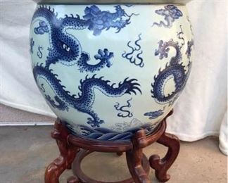 Large Blue and White Pot with Carved Wood Stand