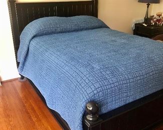 $450 Pottery Barn black painted wood queen size bed with mattress and box spring  55"H, 60"W, 82"L  Bedding not for sale.