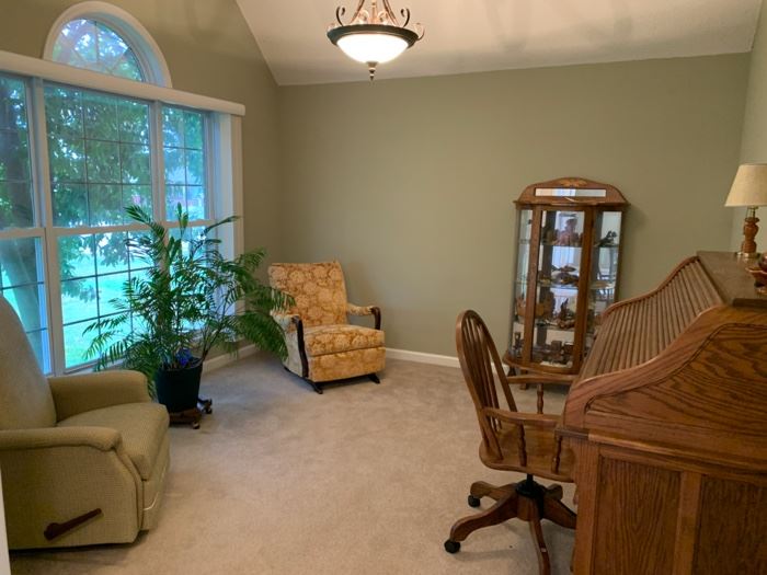 #1	Rocker recliner	 $60.00 
#2	Antique rocker	 $40.00 
#3	Lighted oak curved cabinet with key 32"x13"x62"	 $75.00 
#4	Oak roll top desk 54"x27"x48"	 $125.00 
#5	Oak rolling adjustable desk chair	 $35.00 
