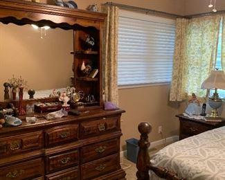 Queen four poster bed, Dresser with mirror, and nightstand set