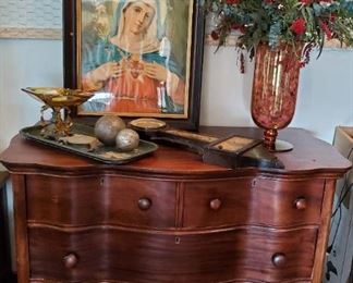 Antique dresser missing 3 knobs 43.5 x 22 x 35.   $59
Floral arrangement - $10
Mary picture - $10