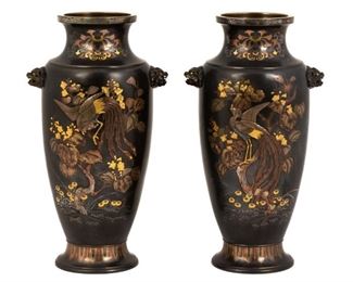 Fine Pair of Large Japanese Bronze Mixed Metal  Vases