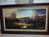 Farm Picture
This elegantly framed piece depicts a tranquil scene of a secluded farm overlooking it's pond on a gorgeous fall evening. Size 54"W x 32"H