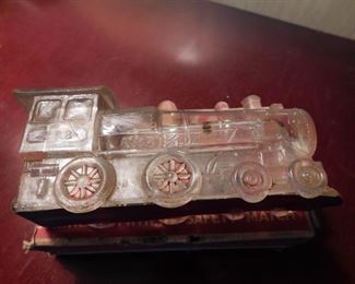 Old Glass Locomotive Candy Container with Metal Closure