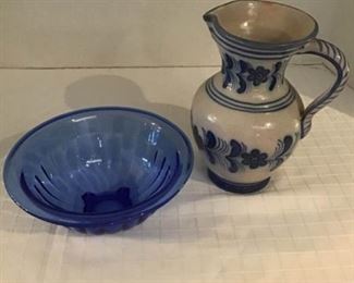 
 Ceramic Blue Floral Pitcher & Blue Glass Bowl https://ctbids.com/#!/description/share/363845