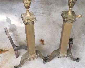 $50 - Item #24: Brass fireplace andirons. Heavy! Approx. 26" tall and 18" deep. 
