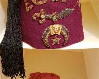 $22 - Item #35: Felt Shriner/Fez/Moroccan hat. Fairly good condition given it was stored folded. Vintage Embroidered with pin. 
