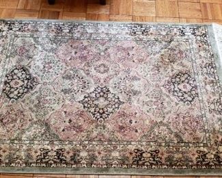 $50 - Item #40: Small rug.  No major spots but dingy from normal use. 3',4" x 4',7". Man made silk. Made in Belgium