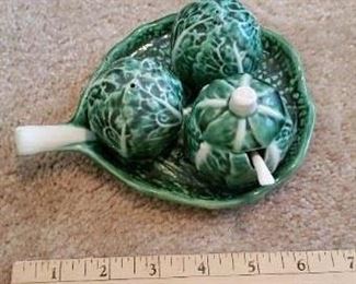 $18 - Item # 51: Portugal Cabbage china condiment set, has 2 chips underside lid. 