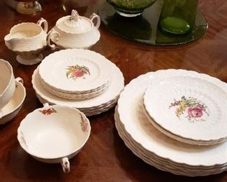 $65 - Item # 56: Spode "Heath and Rose". Set includes creamer/sugar, 3 handled bowls, 4 sizes of plates, 8cup/saucer, oval and square platters. Overall in good condition, may be a few chips or crazing here and there. 