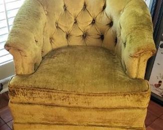 $65ea - Item # 68/69: Vintage crushed velvet barrel chair, 2 available. Overall fabric in good condition, some darkening on arm area and head. Hickory House!