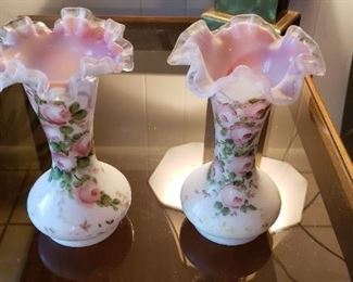 $30 - Item # 73: Pair of ruffle rim vases, Fenton? not marked. Hand painted. Some loss of paint, gold accents.
