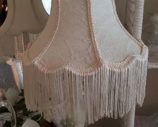 $35 - Item # 74: Lamp with victorian style shade. Pot metal base painted cream color, light pink shade. Works!