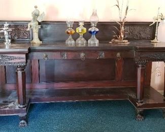 $195 - Item #121: Huge antique carved hall/entry table! Does have some condition issues so look at photos. 98" long, 38" tall to counter, additional 11.5" back. Drawer inset 50" long