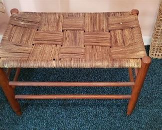 $50 - Item #135: Woven leather strap and wood bench. 25" long, 14.5" deep, 17.5" high