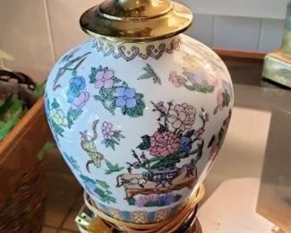 $20 - Item #208: Ceramic, asian motif lamp. No shade but has finial. 21.5" to top of finial.