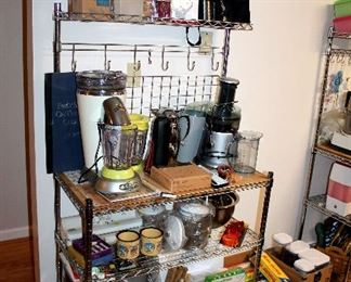 Bakers rack, small appliances, kitchenware