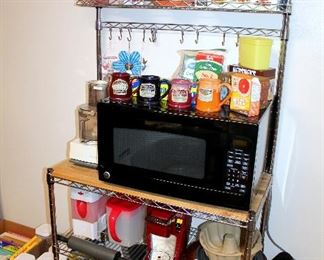 Bakers rack, microwave, small appliances, kitchenware