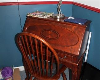 Small drop-front desk and chair