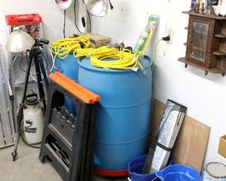 Water barrels, saw horses, hoses, lighting