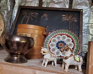 Bronze ceramic McCoy vase/planter, discounted price now $12.50; lidded wooden Shaker box with handle, discounted price now $15; 24" x 32" imprinted heavy copper desert scene, discounted price now $42.50; Royal Doulton Cyprus plate, discounted price now $10; Mexican pottery horses - SOLD
***Please note: California sales tax will be charged on all purchases unless you have a valid California resale certificate on file with us.***