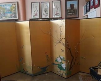 One of a Pair of 6 Panel Asian Hand Painted Screens with Custom Storage Box, discounted price now $1000 for 3 pcs (2 screens & box)