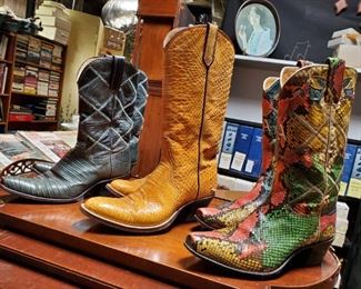 L to R: Emerald green/black stacked heel men’s size 7 Ryon snakeskin cowboy boots, as-is condition, discounted price now $62.50; Honey snakeskin stacked heel size 7 men’s cowboy boots, good condition, discounted price now $62.50; Multicolor snakeskin stacked heel size 7 Ryon men’s cowboy boots, very good condition, discounted price now $82.50
***Please note: California sales tax will be charged on all purchases unless you have a valid California resale certificate on file with us.***
